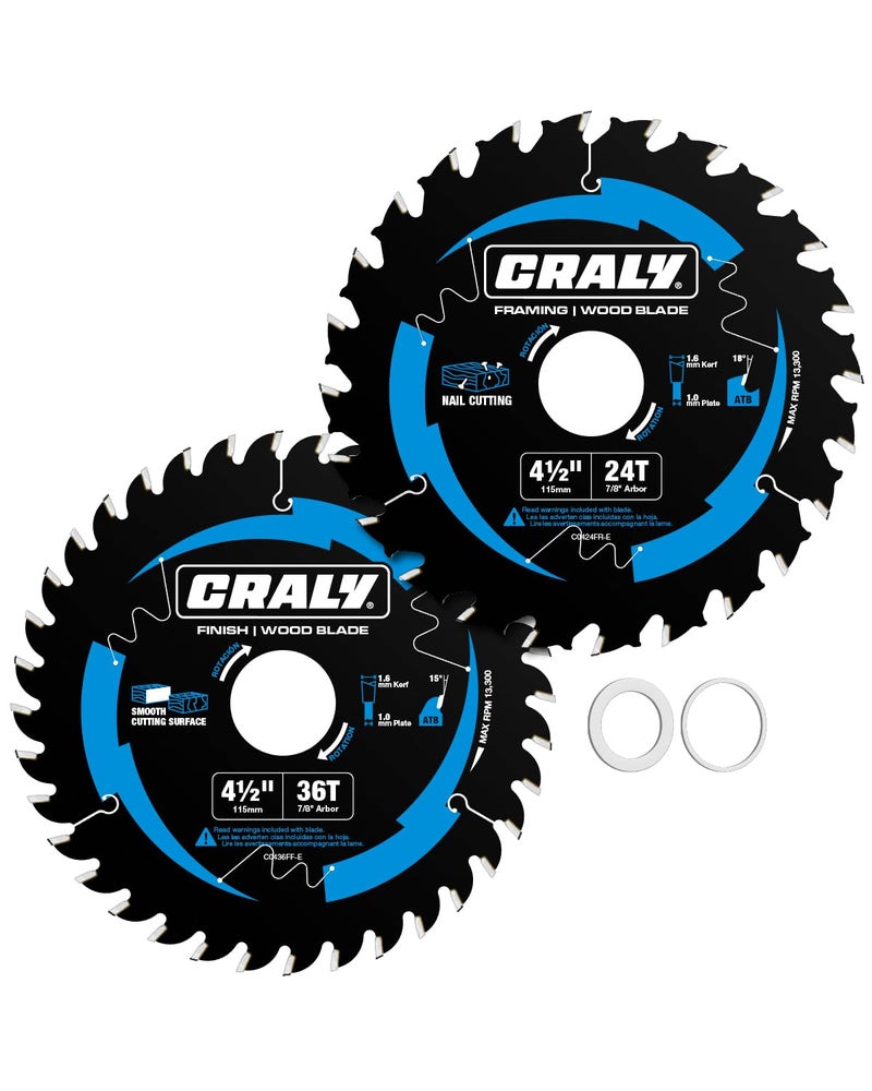 CRALY 4-1/2 Inch 24&36 Teeth Wood Cutting Framing/Fine Finish Circular Saw Blade, 7/8 Inch Arbor, Carbide Tipped, Thin Kerf, Black Ice™ Coating, for Plywood, MDF, OSB, Laminated, 2-Pack(C042436-2E) - Image 1